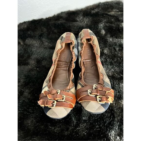 Burberry Brown Leather Canvas Nova Check Three Buckle Ballet Flats Shoes 9.5 - Picture 2 of 12